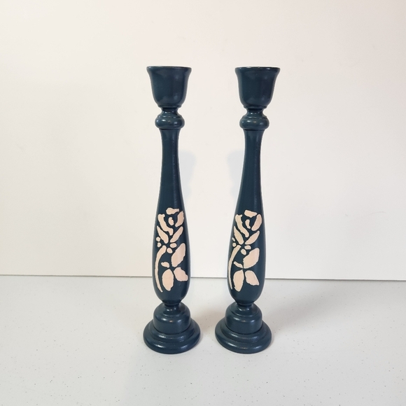 Vintage Other - Hand Painted Wooden Candle Holders Colonial Blue Vintage Country Farmhouse Decor
